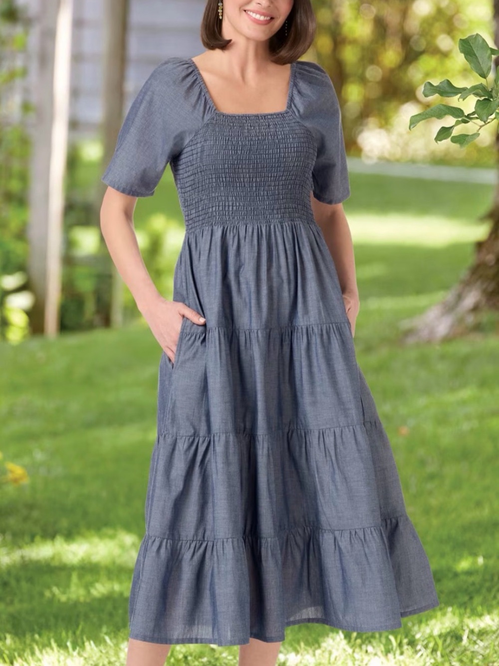 Ella Simone Blue Cotton Chambray Smocked Tiered Midi Dress 3X - Picture 2 of 5